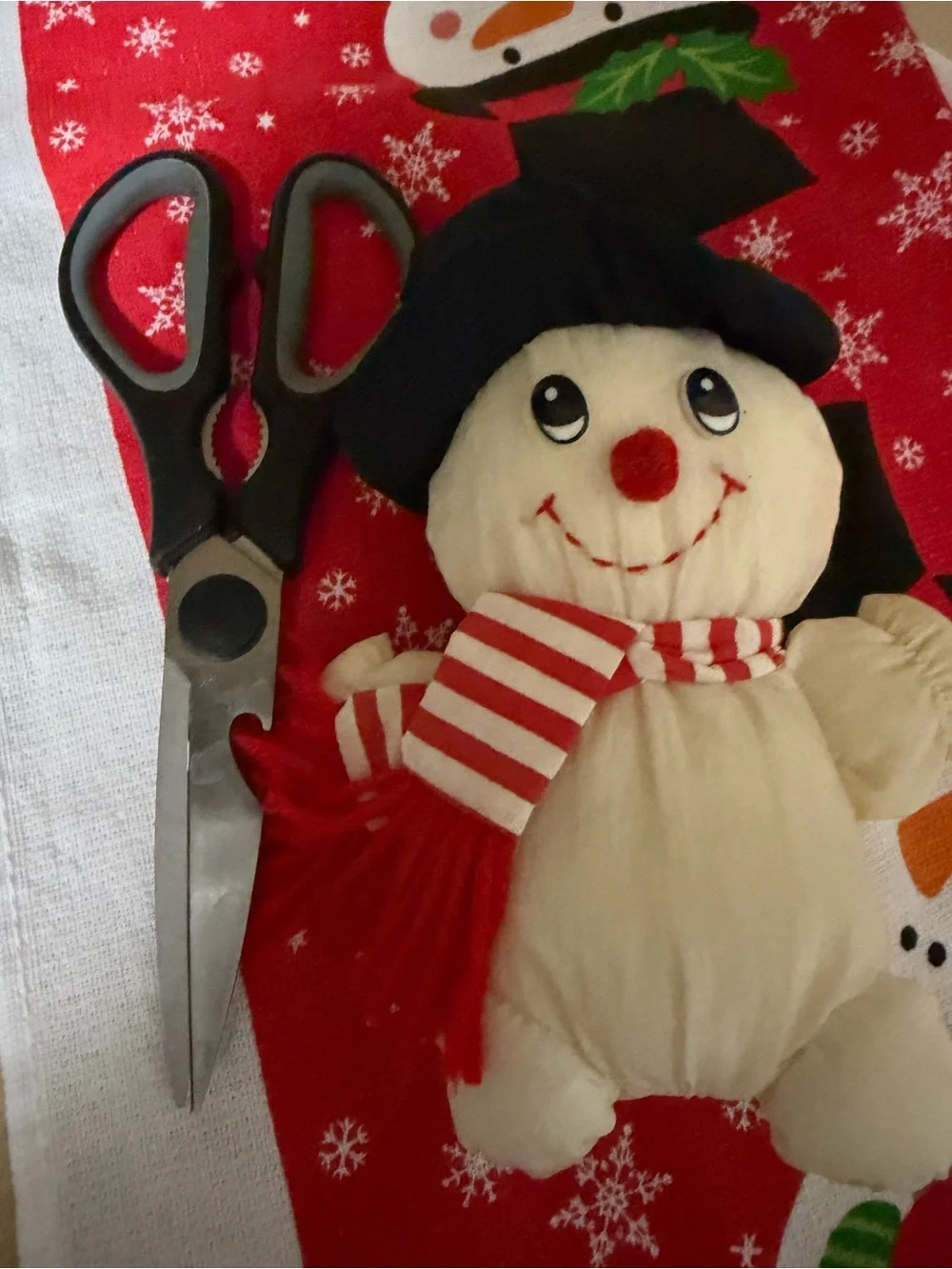 Cream Snowman Plush Holiday Throw Accent with Black Hat and Red-White Scarf